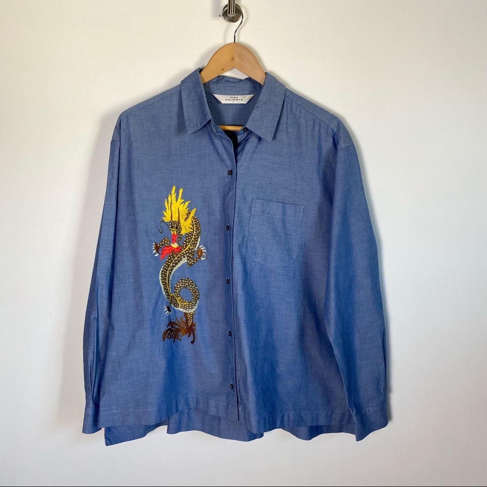 Max Volmary Embroidered Dragon Blue Button Up Blouse Top Size 16